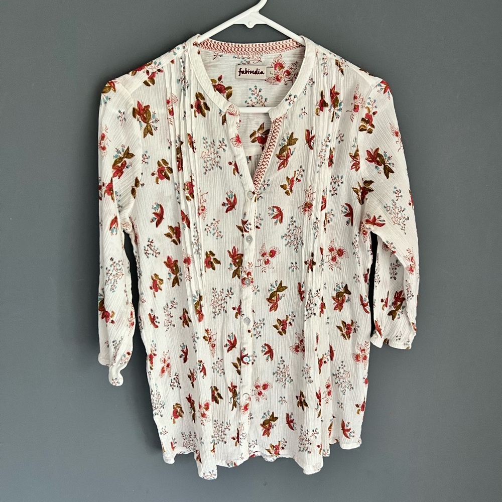 Fabindia Pintuck Floral Women’s Size L Cotton Tunic Blouse Top Shirt Popover